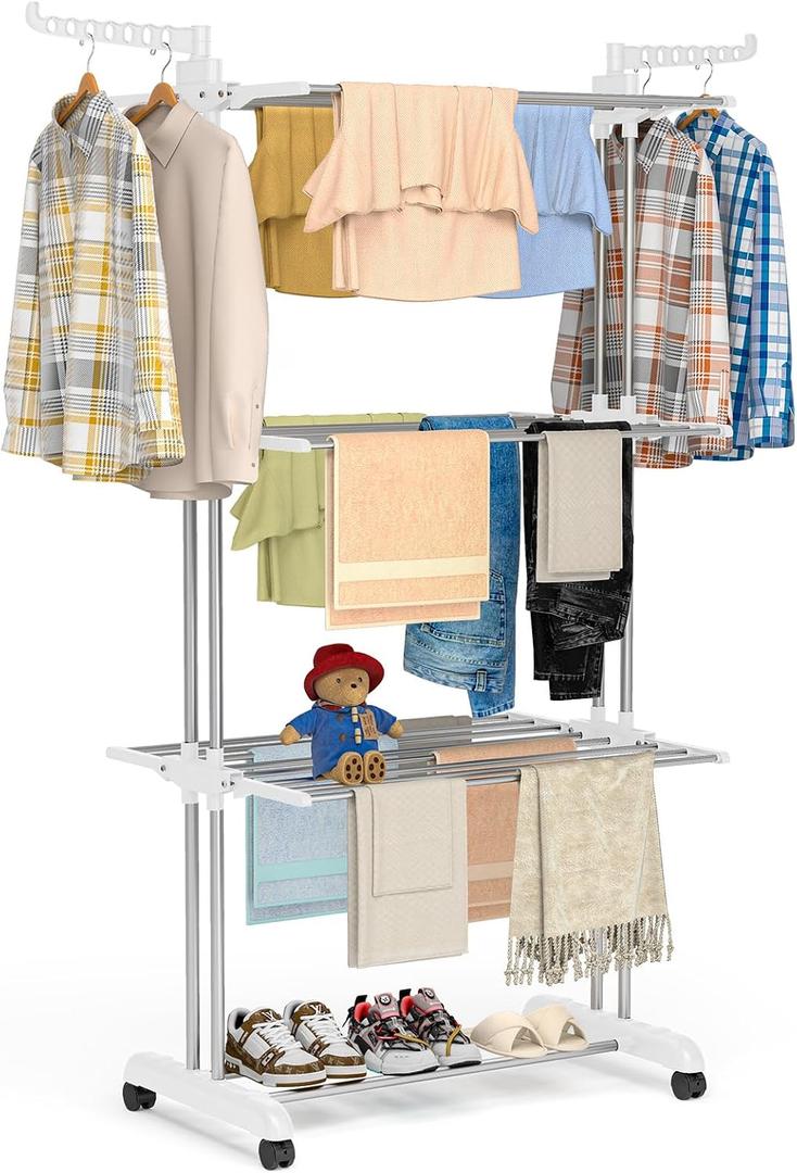 Bigzzia 4 Tier Folding Drying Rack Clothing Clothes Horses Rack Stainless Steel Laundry Drying Rack (Grey White, 4 Tier)