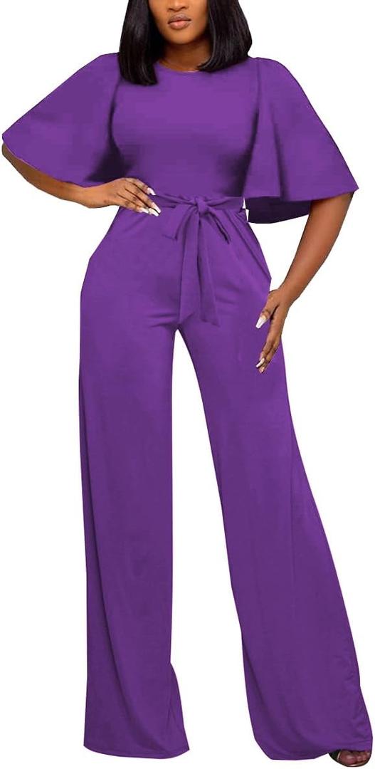 BessCops Womens Loose Short Sleeve Belted Wide Leg Pant Romper Jumpsuit Casual Business One Piece Outfits (X-Large, 8 purple)