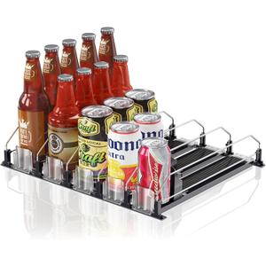 Drink Organizer for Fridge,12oz 16oz 20oz - Soda Can Dispenser for Refrigerator, Width Adjustable, Automatic Pusher Glide (Black, 15"D 5ROW, Holds 25 Cans)