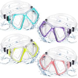 Fabbay 4 Pieces Adult Swimming Diving Goggles with Nose Cover Swim Mask Goggle Tempered Glass Snorkel Diving Mask Snorkeling Gear for Adults Youth