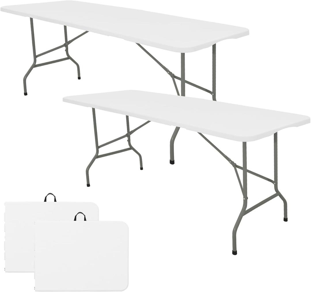 Set of 2 Folding Table 6 FT Camping Table Portable Heavy Duty Plastic Rectangular Outdoor Dining Table Steel Legs Fold-in-Half with Carrying Handle for Indoor,Picnic,Party,Wedding,Events(White)