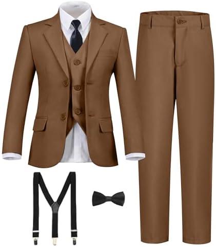 Boy's Formal Suit 7 Piece Slim Fit Tuxedo for Kids Teen Boys Jacket Vest and Pants Set for Wedding with Bow Tie Suspenders 12Y