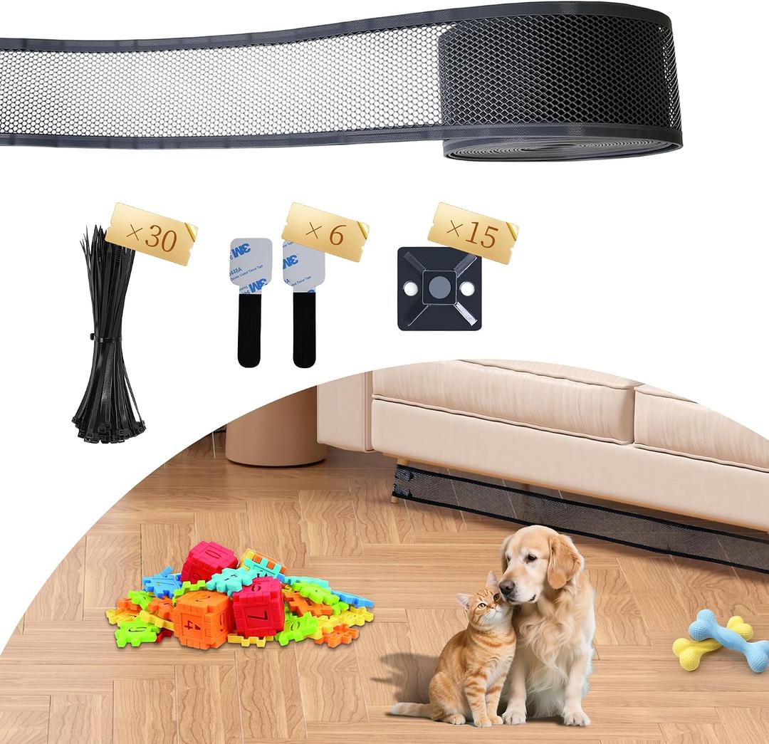 Under Couch Blocker, Under Sofa Blocker for Pets, Toy Blocker for Couch, Under Furniture Blocker with 6 Hook and Loops, Couch Accessories, 4 X 32.8FT(Black)
