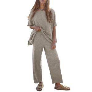 Tankaneo Women's 2 Piece Travel Outfits Casual Short Sleeve Knit Sweater Set Wide Leg Pants Lounge Sets Tracksuit, Size M