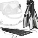 Italian Design Premium Tempered Glass Lens Anti-Fog Panoramic View Frameless Snorkel Mask, Elite Dry Snorkel Tube, Adjustable Fins - Mask Fin Snorkel Set