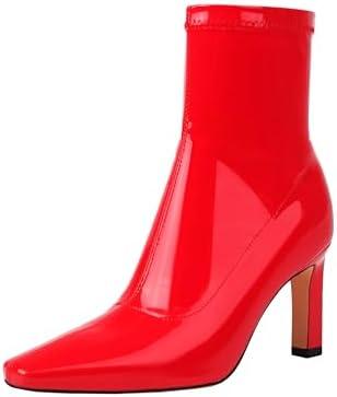 Mofirdast Women's Mid Calf Boots Comfy Square Closed Toe Stiletto High Heel Boot Zipper Short Ankle Booties Size 8, Red