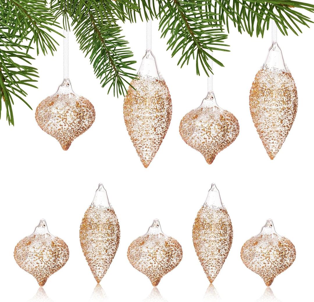 DN DECONATION Glossy Ice Grass Brown Glass Christmas Ornaments, Vintage Ball Ornament Set Hanging Teardrops & Round Lantern Balls Assorted for Xmas Tree Home Party Decor (9Pcs) (Rose Gold)