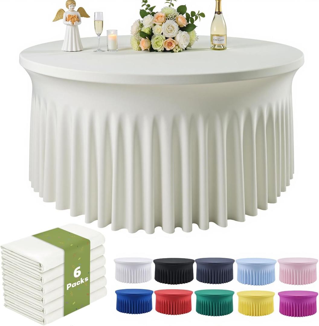 Outpain 6 Pack Spandex Ivory Round Tablecloths for 60in Tables, 120Inch Stretchy Fitted 5FT Round Table Clothes,Wrinkle Free Table Cover with Skirt for Wedding Party Dining Banquet