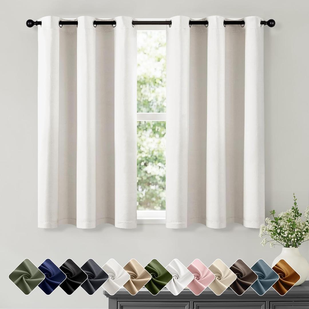 Short Ivory Blackout Kitchen Curtain W40 x L45 Inch 2 Panels | Thermal Insulated, Room Darkening, Small Solid Grommet Window Treatments for Living Room, Bedroom