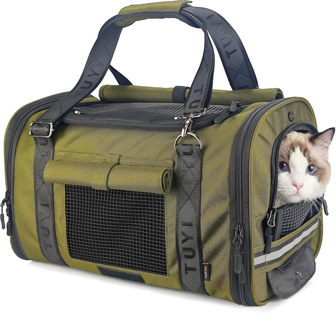 Soft Sided Cat Carrier for Anxious Cats with Privacy Flaps, Airline Approved & Car Seat Safe Pet Carrier for Small Dogs & Cats, 17 x 9.5 x 10.5 in, Reinforced Resin Mesh, Metal Buckles, Green