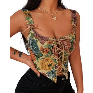 Women's Summer Vintage Floral Renaissance Corset Top for Women Y2k Tops Sleeveless Drawstring Crop Top (3X-Large, Khaki)