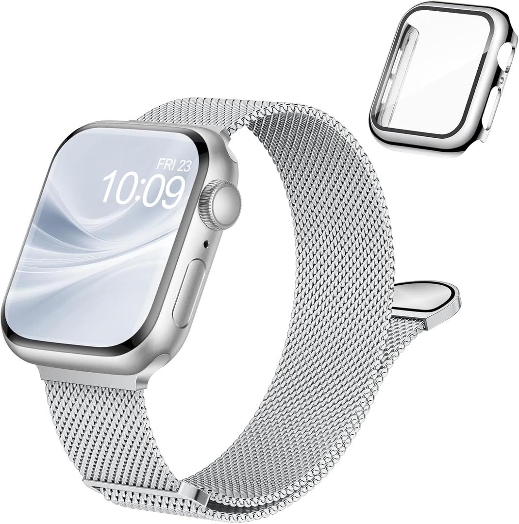 Stainless Steel Magnetic Band and Case Compatible with Apple Watch Bands Women Men 40mm 44mm 41mm 45mm 42mm 46mm, Mesh Loop Metal Band Screen Protector Cover for iWatch Series 11/SE3/10/9/8/7/6/5/4