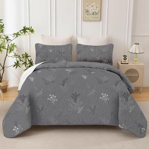 Drucon Grey Quilt Queen Size 3 Pieces Branch Botanical Quilt Reversible Microfiber Bedspreads with Floral Pattern Lightweight Bedding Set with 2 Pillow Cases