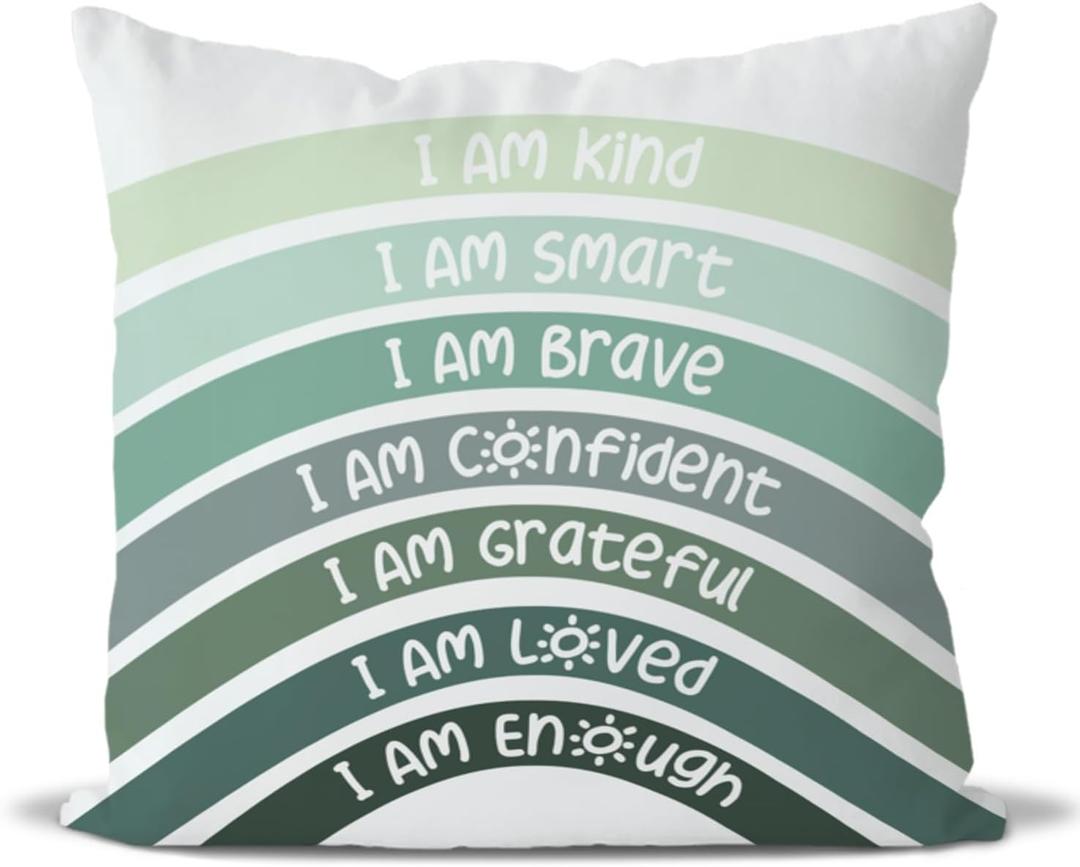 QIYUHOY Boho Sage Eucalyptus Green Rainbow Classroom Throw Pillow Covers, Olive Green Pillow Cover, Book Center Calming Corner Playroom Decor Pillow Case,I Am Kind Smart Brave Confidence,20x20 Inch