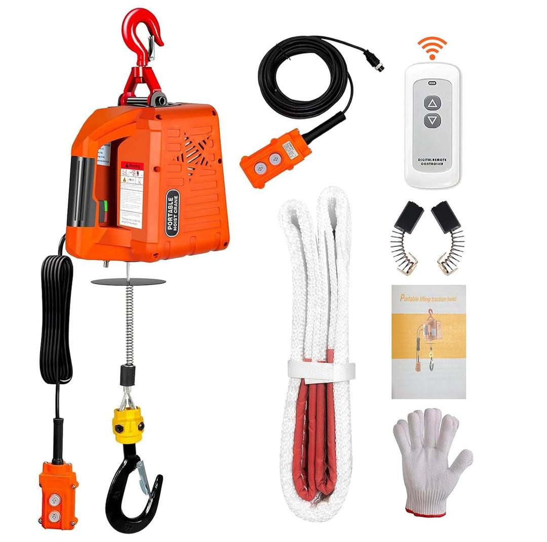 3 in 1 Electric Hoist Winch,2200 lbs Manual/Wired/Wireless Remote Control,110/120V Portable Pure Copp Electric Winch Crane, 41ft Lifting Garage Lifter for Garage, Factory, Warehouse, Balcony (Orange)