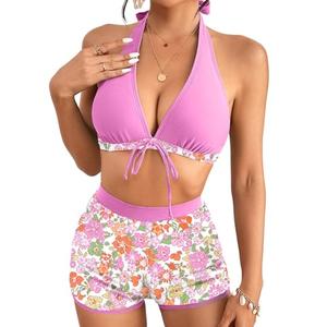 Herseas Women's Bikini Sets 2 Piece Tropical Print Swimsuit Halter Top & Boy Short Bathing Suit (Pink, XS)