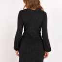 ANRABESS Womens 2025 Fall Dress Long Lantern Sleeve Ribbed Knit Casual Tie Waist Lightweight Mini Sweater Dress (Large, Black)