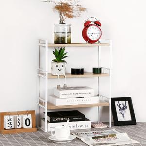 YGYQZ Wood Office Desk Shelf Organizer - Desktop Supplies Cute Dresser Top Organization Storage Rack and Cubicle Decor Aesthetic Bookshelf for Women Man and Kids (3-tier White/Wood)