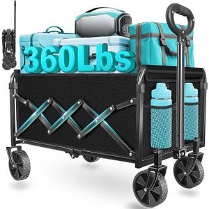 Wagons Carts Foldable, Collapsible Wagon with Wheels — Foldable Wagon for Groceries,Picnic,Beach,Camping, Small Hauls, Apartment Moving Storage, Portable Utility Folding Wagon Cart, 360lbs, Black