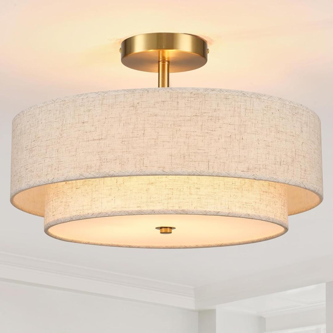 18" Semi Flush Mount Ceiling Light with Fabric Lampshade Modern Drum Ceiling Lamp Gold Ceiling Light Fixture for Dining Room Kitchen Bedroom Living Room