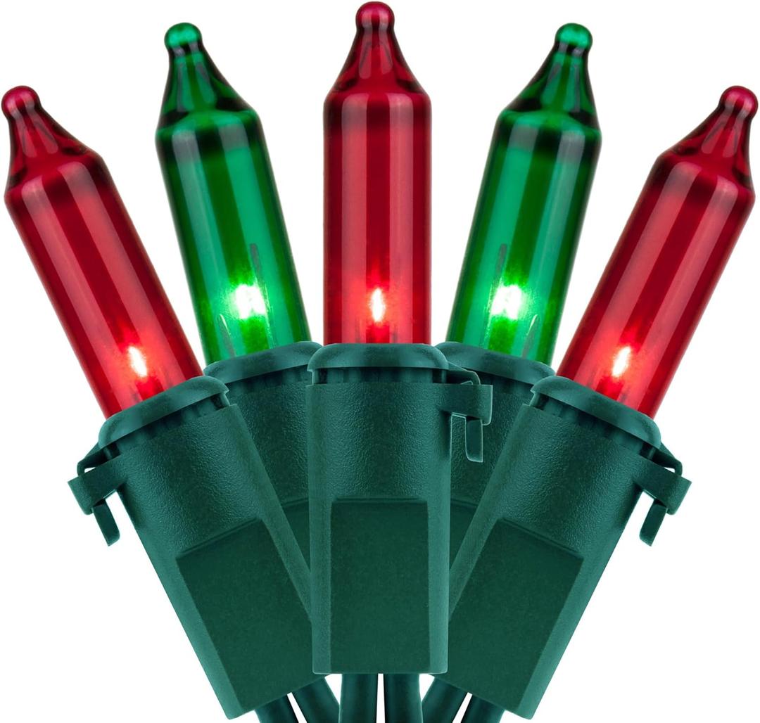 YULETIME 200 Red Green Christmas Lights, Pack of 2 Sets 33 Feet 100 Count UL Certified Incandescent String Lights (Red & Green - Green Wire)