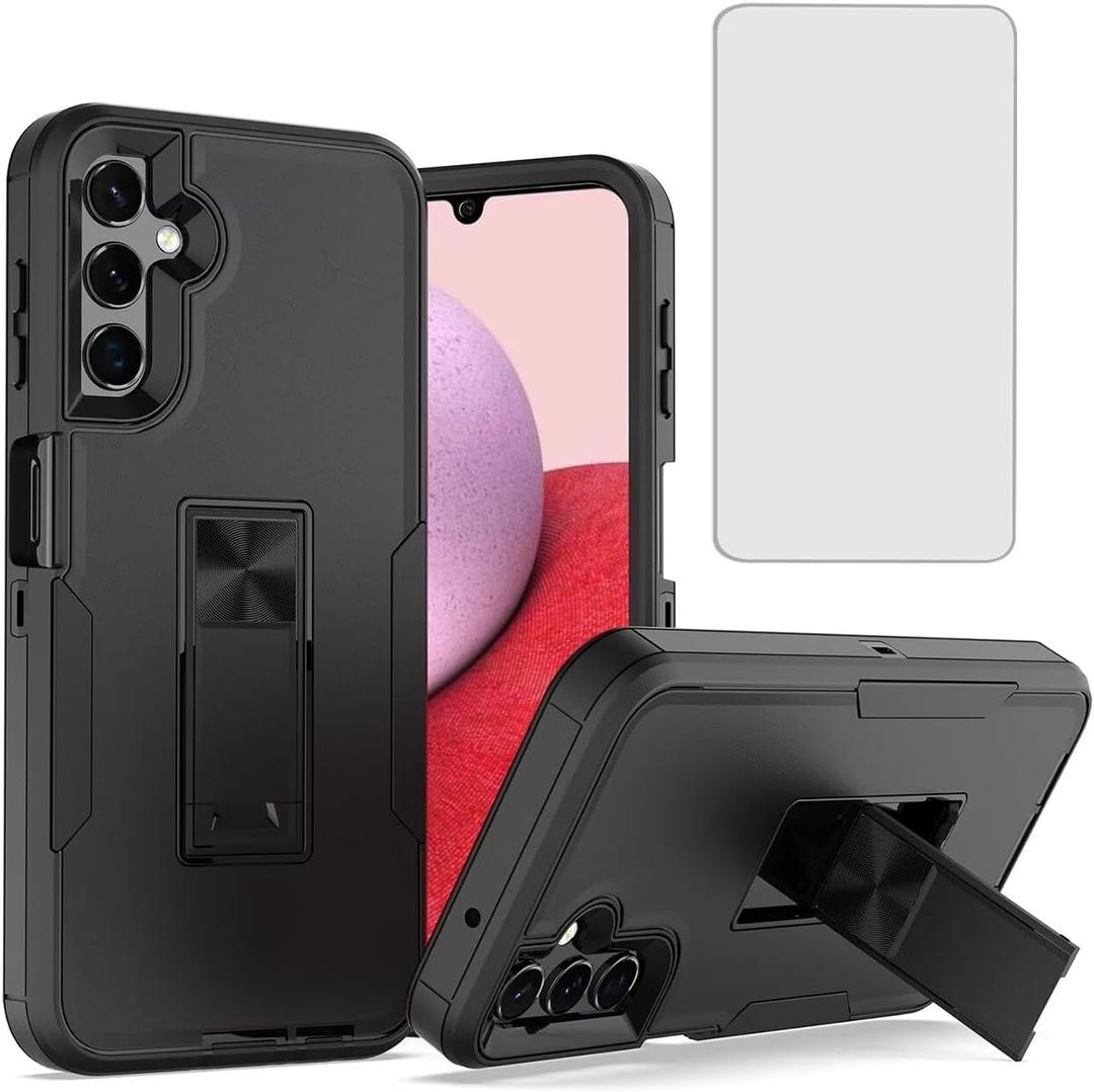 Phone Case for Galaxy A14 Case, Samsung A14 5G SM-A146U Case with Tempered Glass Screen Protector, Magnetic Bulit in Kickstand Dual Layer Shockproof Cover for Samsung Galaxy A14 4G Black