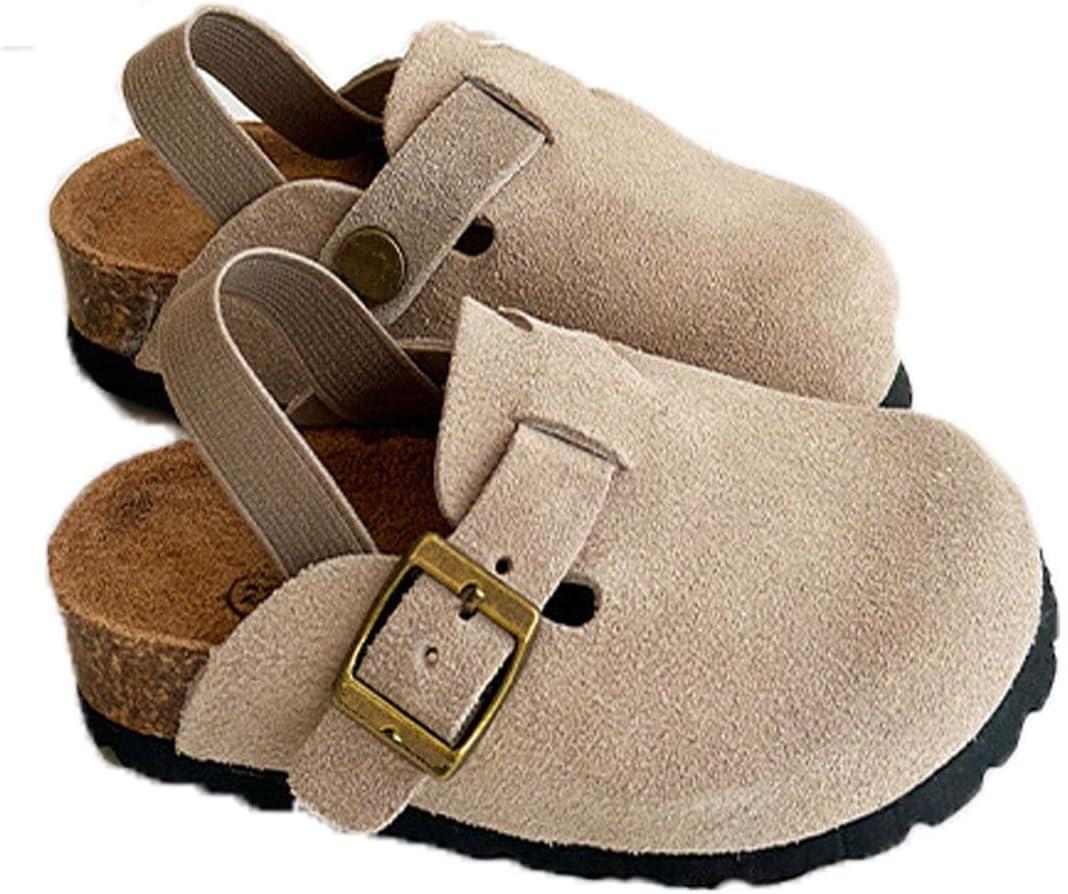 Kids Suede Clogs Toddler Clogs Boys Girls Sandals Cork Adjustable Buckle Mules (25 Apricot)