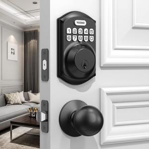 TEEHO TE001K Keyless Entry Door Lock with Handle, Electronic Keypad Deadbolt with 2 Knobs, High-Security Front Door Handle Set for Home & Rental, Smart Auto-Locking, Easy Install, Matte Black