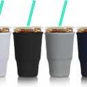 Patelai 4 Pieces Reusable Iced Coffee Sleeve Cup Insulator for Cold Drinks Beverages and Holder for Most Coffee (30-32 oz Large, Solid Color Style)