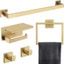 TNOMS 5-Piece Bathroom Hardware Set 23.6 Inch Gold Towel Bar Set Towel Bar Towel Ring Coat Hook and Toilet Paper Holder with Shelf Wall Mounted Stainless Steel Bathroom Accessories Set