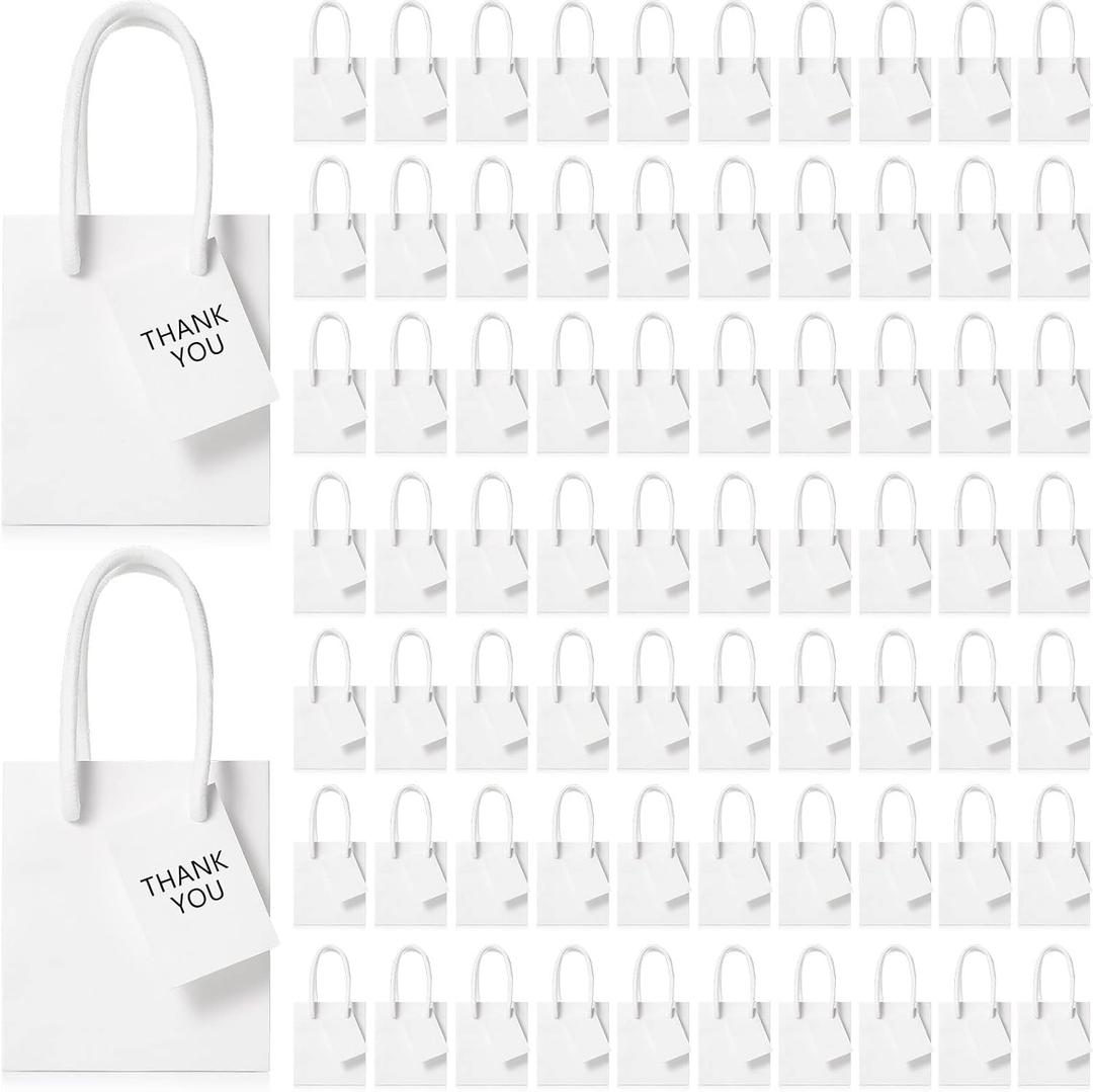 Sherr 100 Pcs Mini Gift Bags Bulk, 4 x 2.75 x 4.5 in Paper Bag with Tag, Extra Small Paper Gift Boxes with Handles for Birthday, Party Favor, Wedding, Small Business, Spring Easter(White)