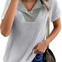 Womens Tops Summer Sweaters Short Sleeve Patchwork V Neck Henley Shirts 2026 Dressy Casual Business Tunic Blouses (Gray, L)