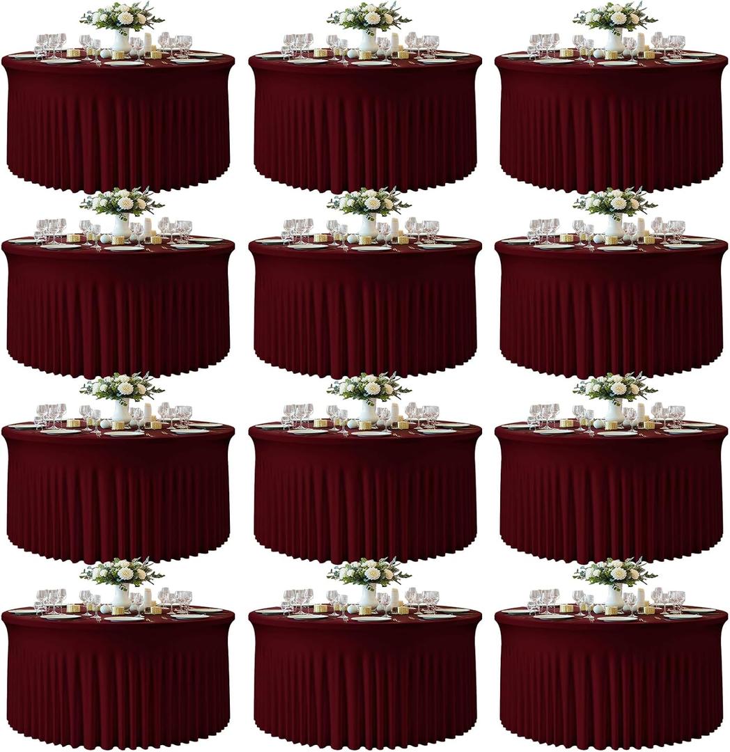 12 Pack Burgundy Round Spandex Tablecloth for 72 Inch Round Table, 132 Inch Stretch Fitted Tablecloth, Wrinkle-Free Table Cover with Skirt for Birthday, Wedding, Banquet, Party Decor, 72R Inch| 12 Pack