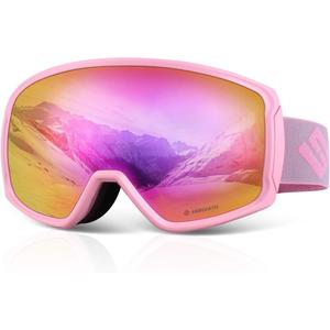 Ski Snowboard OTG Goggles, HD Mirrored Anti-Fog Goggle for Men Women (Vlt 15% / Pink Lens / Pink Frame)