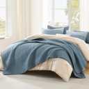 Litanika Quilt Queen Size Blue Linen, Stripe Patchwork Summer Bedspread Coverlet 3 Pieces, Soft Lightweight Microfiber Quilted Bedding Set for All Season(1 Quilt, 2 Pillowcases) (Queen(96*90in))