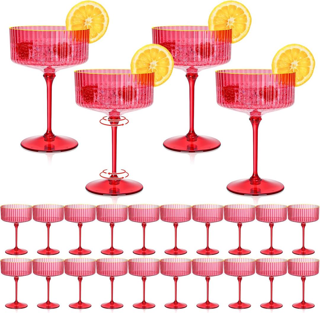 24 PCS Plastic Ribbed Martini Glasses 10 oz Detachable Gold Rim Red Ribbed Coupe Glasses Vintage Christmas Martini Cocktail Glass for Bar,Margarita,Gin,Tequila, Desserts and Snacks
