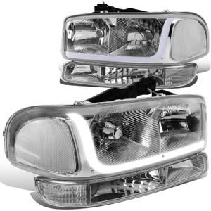 DNA MOTORING HL-LB-SIERRA99-CH-CL1 4PCs LED DRL Strip Headlight+Bumper Lamp[99-07 GMC Sierra/Yukon],Chrome Clear