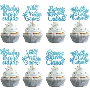 36PCS Blue Glitter 'Baby It's Cold Outside' Cupcake Toppers - Snowflake Winter Wonderland Baby Shower Decorations - 'A Little Snowflake is On The Way'