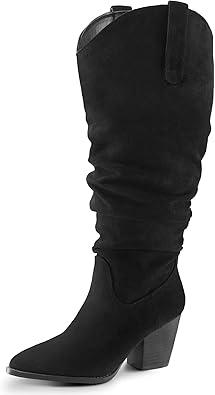 Mysoft Women's Wide Calf Knee High Boots Cowgirl Low Chunky Stacked Heel Wide Width Pointed Toe Slouchy Tall Boots with Zippers Size 7.5