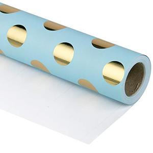 RUSPEPA Wrapping Paper Roll - Gold Foil Dots Baby Blue Background Design for Wedding, Birthday, Shower, Congrats, and Holiday - 30 inches x 32.8 feet, Pack of 2