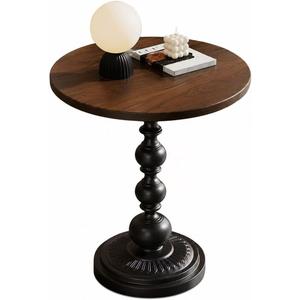 Vintage Round Side Table, Small Accent Table for Living Room Bedroom Balcony, French Style Pedestal End Table with Wood Look Tabletop, Easy Assembly, Brown and Black (15.8-inch)