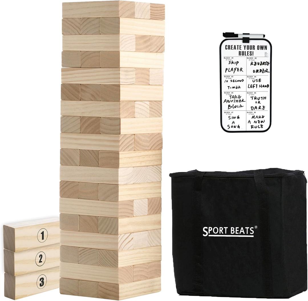 Outdoor Games Large Wooden Tower Stacking Game - 54 Premium Pine Blocks Stack up to 4FT with Custom Rules Board & Heavy Duty Carry Bag - Outdoor Lawn Games for Backyard Parties, Camping, Tailgating