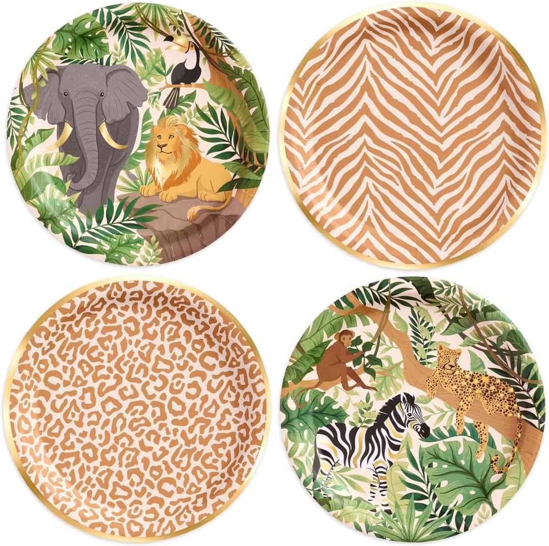 Fetti Animal Print Safari Paper Plates, 4 Designs | 24 pcs 9" | Kids Decorations, Jungle Party Setting, Wild Birthday Decor, Rainforest Tablescape, Zoo Table Decor