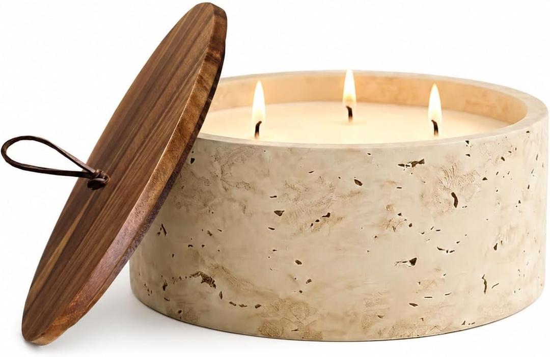 3-Wick Scented Candle-Sea Salt & Bergamot & Coconut,Soy Coconut Wax Blend Candle with Acacia Wood Lid,21oz Large Candle,45-Hour Long Burning,Aromatherapy Candle for Home Decor, Small