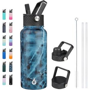 BJPKPK Insulated Water Bottles with Straw Lid, 32oz Metal Large Water Bottle with 3 Lids, Reusable Leak Proof BPA Free Thermos, Stainless Steel Tumblers for Sports, Gym, Travel-Ocean