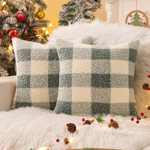 AQOTHES Light Green White Plaid Winter Throw Pillow Covers 18x18 Inch Set of 2, Boucle Faux Fur Pillow Covers,Cozy Fluffy Home Living Room Farmhouse Decor for Sofa Couch Bed