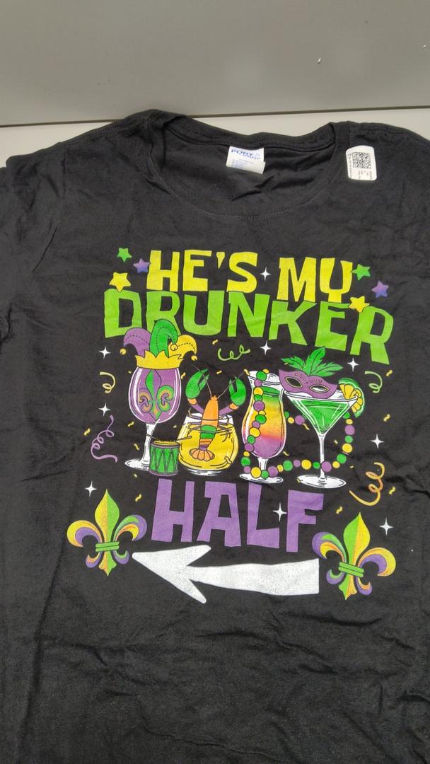 She's He's My Drunker Half Matching Couple Mardi Gras TShirt, Size S