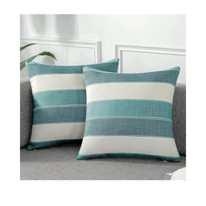 AmHoo Pack of 2 Farmhouse Stripe Check Throw Pillow Covers Set Case Cotton Linen Decorative Pillowcases Cushion Cover for Couch Bench Sofa 18x18 Inch Teal Blue