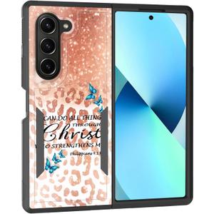 for Galaxy Z Fold 6 Case,Dual Layer Hybrid Heavy Duty Rugged Shockproof Hard PC +Soft Silicone Protective Case for Samsung Galaxy Z Fold 6 2024,Bible Verse Philippians 4-13 Glitter Leopard