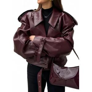 NIFTRIRY Women Leather Jackets Vintage Slim Fit Coat with Belt Fashion Clothes Fall Outfits 2025 (Small, Red)